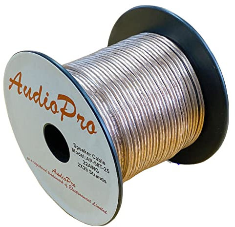 AudioPro Speaker Cable Wire 22 AWG (2 x 29 Strands) Select 25m or 50m Reel Colour White/Clear Transparent HiFi Home Audio Surround Sound etc (25m Reel, Transparent)