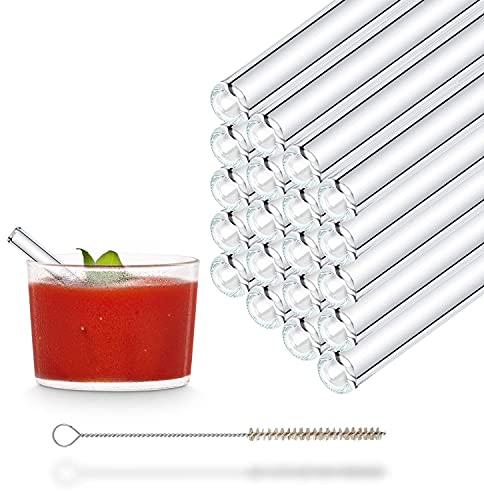 HALM Pajitas de Vidrio Reutilizables - 20 Unidades cortas rectas 10 cm + cepillo de limpieza sin plástico - Apto para lavavajillas - Sostenible - Sorbetes de Cristal para Vasos de Shot