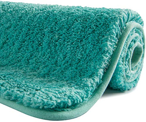 SFLXO 80cm x 50cm Non Slip Bath Mat Machine Washable Durable Soft Fluffy Microfiber Bathroom Mat Water Absorbent Bath Rug Turquoise