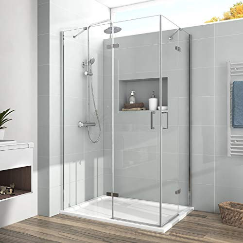 EMKE Duschkabine 90 x 90 Eckeinstieg Duschabtrennung Klappbar Pendeltür Komplettdusche Schwingtür Eckdusche Falttür Duschtür Duschwand Duschkabine 90x90 Höhe: 195cm 5mm Sicherheitsglas