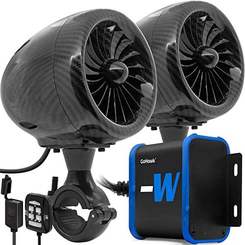 GoHawk TJ4-W - Amplificatore impermeabile in carbonio nero da 4 pollici, gamma completa Bluetooth per motocicletta, altoparlanti stereo da 1 a 1,25 pollici. Sistema di amplificazione audio per il