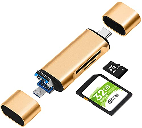 SD/Micro SD Kartenleser, BorlterClamp Speicherkartenleser 3-in-1 Kartenlesegerät mit USB C MicroUSB OTG Adapter Kompatibel mit PC, Laptop, MacBook, Tablet, Smartphone (Golden)