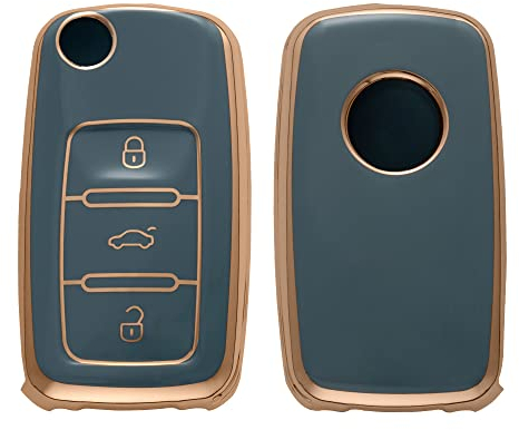 kwmobile Autoschlüssel Hülle kompatibel mit VW Skoda Seat 3-Tasten Autoschlüssel - Schlüsselhülle Silikon Cover - Blau Gold
