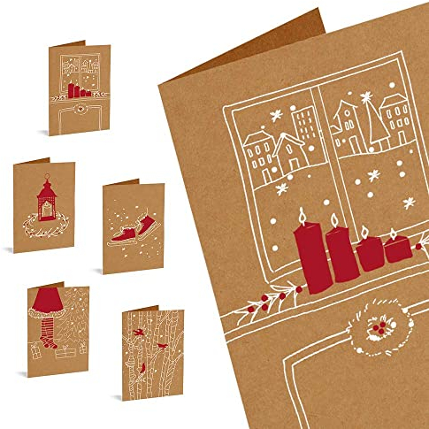 Forletter – Pack de 10 Tarjetas de Navidad de Papel Kraft, Red Details, (FPK10XR492)