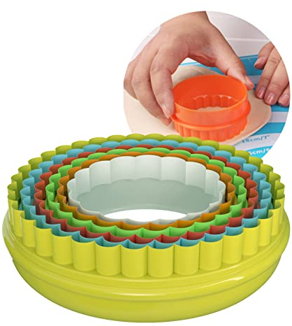 Lot de 6 emporte-pièces ronds festonnés en plastique pour pâtisserie, biscuits, fondants, gâteaux - Double face cannelée et bord uni