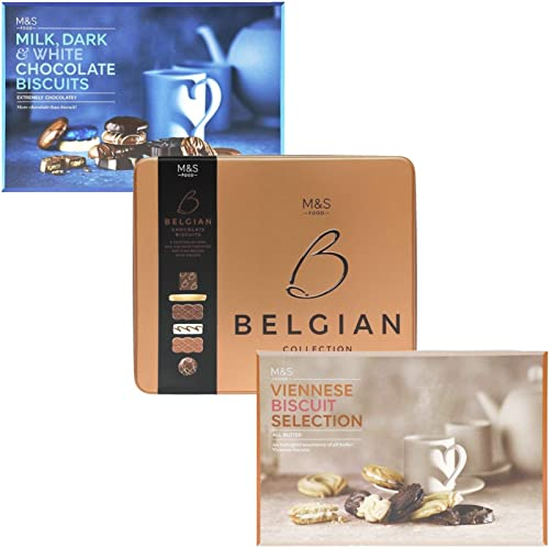 Marks and Spencer Extremely Chocolatey Milk Dark and White Chocolate Biscuits 450g, with M&S Belgian Chocolate Biscuit Tin 400g and M&S Viennese All Butter Biscuit Selection 450g Biscuits Gift Bundle