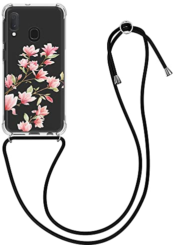 kwmobile Necklace Case kompatibel mit Samsung Galaxy A20e Hülle - Silikon Cover mit Handykette - Rosa Weiß Transparent Magnolien