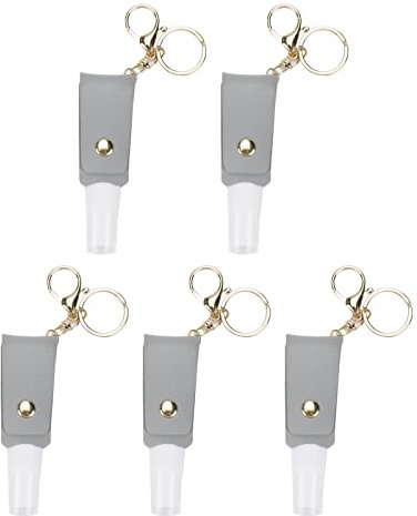 Crapyt 30 ml Handdesinfektionsmittelhalter mit grauem Lederetui, 5 Flaschen, tragbar mit Metall-Schlüsselanhänger, Reisegröße, nachfüllbar für Lotionöl