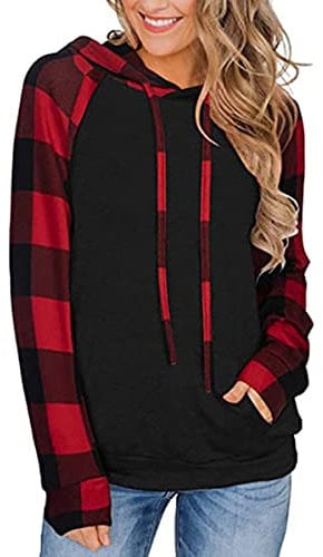 ABYOVRT Sweat à Capuche Femme Casual Manches Longues Automne Hiver Carreaux Sweatshirt Loose Hoodies à Capuche Hauts Tops