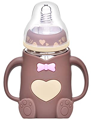 Vesone Glass Baby Bottle with Pacifiers, Straws, Silicone Cases, Wide Neck, for Breastfeeding Babies 12x5cm