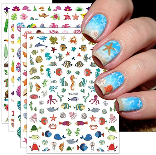 JMEOWIO 12 Sheets Summer Ocean Nail Art Stickers Decals Self-Adhesive Fish Beach Turtle Whale Nail Supplies Nail Art Design Decoration Accessories