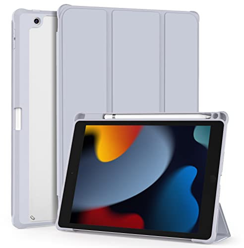 OKP for iPad 9th/ 8th/ 7th Generation Case (2021/2020/2019), iPad 10.2 inch Cases with Trifold Stand, Slim ipad 9/8/7 th gen Cover with Pencil Holder for Kids Women Men, Clear Back Shell, Sliver