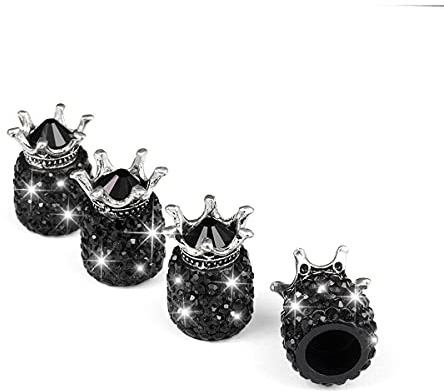 CGEAMDY 4 Stück Luftventilkappen KFZ, Crown Crystal Strass Reifenkappen, Reifenventil Staubkappen, Bling Ventilkappen Handgefertigte Universal Auto Zubehör (Schwarz)
