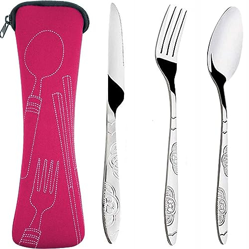 XOPOZON Lot de 3 Couverts de Camping, Ensemble de Couverts Transportables, Couverts en Acier Inoxydable avec Sac en Néoprène Idéal pour les Voyages et le Camping (Rose)