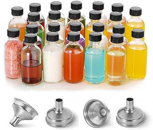 Confezione da 24 piccole bottiglie in vetro trasparente da 56,7 g, con coperchi e 2 imbuti in acciaio inox, 60 ml, per pozioni, succhi di frutta, zenzero, oli, whisky, shot benessere e mini bottiglie