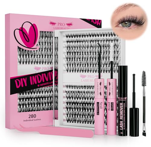 PRO LASHBEAUTY PRO DIY Lash Extension Kit 280pcs Lash Clusters D Curl Eyelash Extension Kit Individual Lashes with Lash Bond and Seal Lash Applicator Easy to Apply at Home(30D+40D-9-15mix Kit)