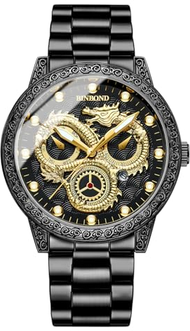 JewelryWe Uhren Herren Edelstahl Drache: Datum Kalender 30m wasserdichte Analog Quarz Armbanduhr Männer Schwarz Edelstahl Armband Uhr mit geprägten golden Drachen Zifferblatt und Leuchtzeiger