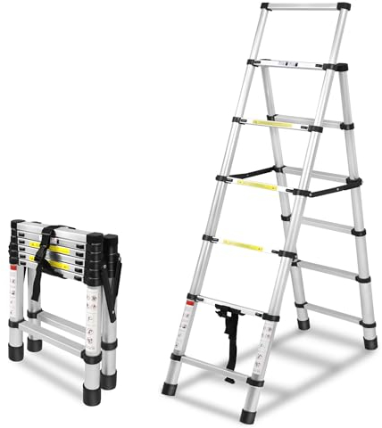 UISEBRT Teleskopleiter Klappbar 1,7m+2m Klappleiter Aluminium rutschfeste Mehrzweckleiter Ausziehbar A-Rahmen 6+7 Sprossen Aluleiter bis 150 kg Belastbarkeit