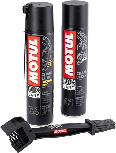 Set zur Reinigung von Kettenschmierstoff - Motul C4 400 ml + Motul C1 Entfetter Reiniger 400 ml + Reinigungsbürste für Ketten