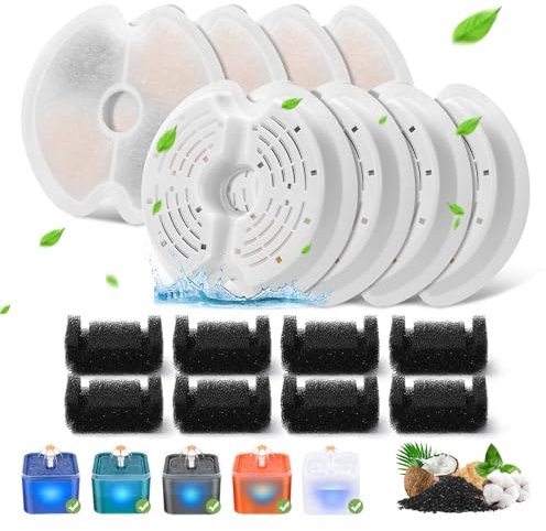 8 Packs Cat Water Fountain Filters for Ultra Silent Cat Fountain 67oz/2L with LED Night Light, Triple Filtration System Activated Carbon Filter with Pre-Filter Sponges for Pet Water Fountain