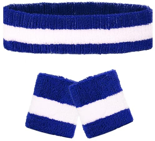 3-Set Schweißbänder Stirnband Armbänder Retro neon 80er 90er Outfit Sport Karneval Accessoires (Blau Weiß Blau)
