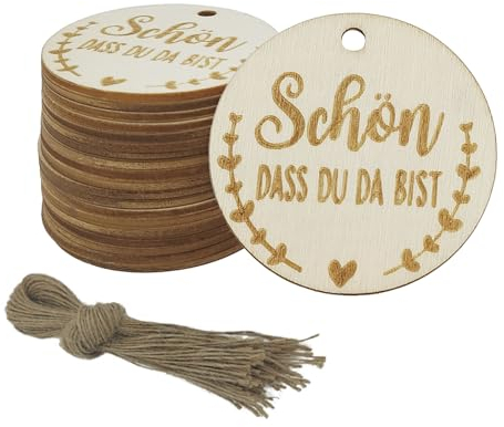 Tedasriyc 20 Stück 5cm Schön Dass Du Da Bist Holz Geschenkanhänger Geschenk Anhänger Holz Anhänger Runde Naturholzscheiben mit 20 Jute Schnur für Hochzeit Geburtstag Taufe Geschenke Deko