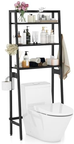 RELAX4LIFE Over The Toilet Storage Shelf, 3-Tier Above Toilet Space Saver Bathroom Organizer with Toilet Paper Holder, 2 Hooks, Adjustable Bottom Bar, Freestanding Laundry Storage Rack Stand (Black)