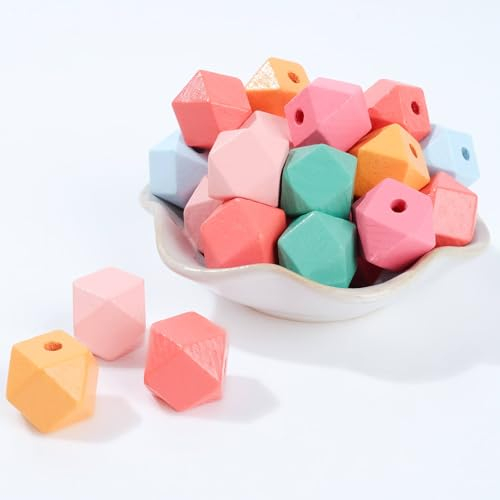 Holzperlen 20mm, Bunte Holzperlen Holzkugeln mit loch Natur 48 Stk, Gemischte Geometrische Holz Perlen zum Auffädeln Bastelnperlen Makramee DIY Schmuck Dekor