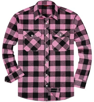 siliteelon Flannel Shirt Checked Shirt for Men Plaid Shirt Cotton Lumberjack Regular Fit Men's Long Sleeve,M Pink