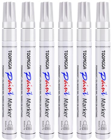 TOOMGGA White Paint Pens Permanent Paint Markers - 6 Pack Oil Based Marking Pens, Medium Point, Quick Drying and Waterproof Pens for Rock Painting Car Tyre Metal, Plastic, Canvas, Wood