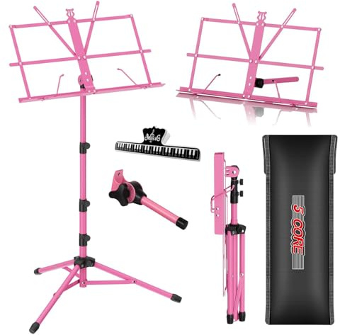 5 Core Sheet Music Stand 2 in 1 Dual Use Professional Portable Adjustable 28-67 Inch Folding Music Note Holder Tripod Stands (Pink, Higher Version)