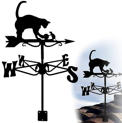 Souris et chat jouant avec une girouette en forme de boule de fourrure, girouette décorée de manière créative sur le toit, drôle+fer forgé+coupe-vent+imperméable+ne se décolore pas+sculpture,Black