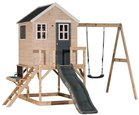 Wendi Toys M24G-K Kids Garden Playhouse with Kitchen and Swing Set, 177 cm Plastic Slide, 340x350x242 cm, Grey – Sturdy Wooden Structure for Imaginative Outdoor Cooking and Exploration