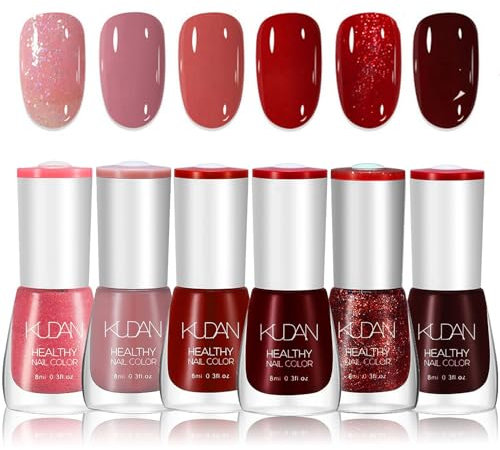 DMQ Red Nail Varnish Sets, 6Pcs Poinsettia Dark Red Burgundy Red Pink Glitter Nail Polish Kit - Non-Toxic Water Based Holographic Nail Gel - Nail Paint Nail Art Manicure Kit Gifts for Women