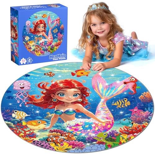 72 Pieces Mermaid Shimmery Floor Jigsaw Puzzle for Kids Preschool Educational Learning Toys Birthday Gifts for Ages 4-6 3-5 Girls (Mermaid, One Size)