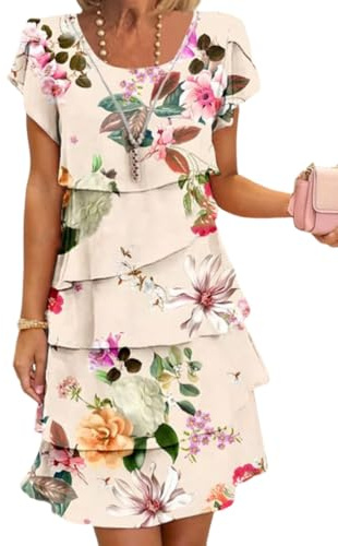 Onsoyours Femmes Été Robe en Mousseline Col Rond Élégante Robes De Soirée Fleurs Impression À Manches Courtes Volants Léger Et Respirant Mini Dress Décontracté Cocktail