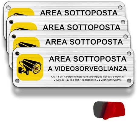 FloraVigo Cartello Videosorvegliata Alluminio Spazzolato 15x5cm, Adesivo Area Videosorvegliata Metallo di Piccole Dimensioni, piastra di allarme con adesivi (01-ASAV (15x5cm) x 4)