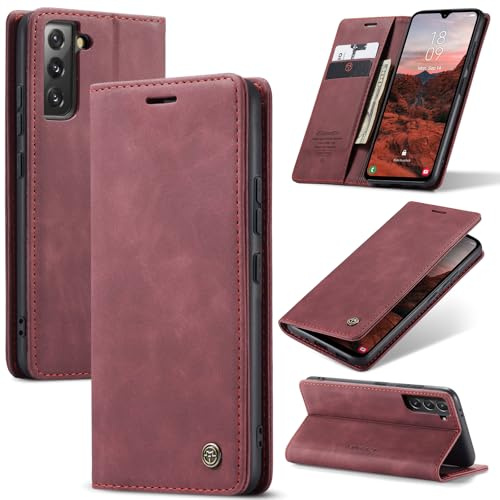 Azororo Handyhülle für Samsung Galaxy S21 FE 5G Hülle Premium Lederhülle Flip Case Magnet Tascher Kartenfach Standfunktion Klapphülle Schutzhülle für Samsung Galaxy S21 FE, Weinrot