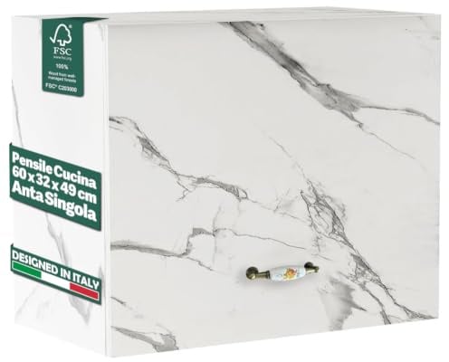 Shally Dogan Pensile da Cucina, Sopracappa, Armadio in Legno Armadietto Multiuso da Muro a Ribalta Spazioso, Dimensioni 60 x 32 x 49H cm (Marmo)