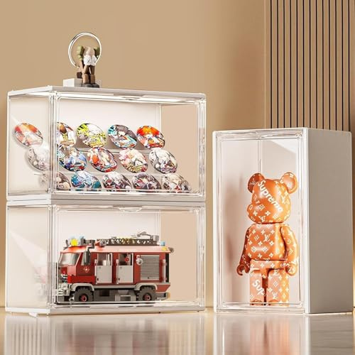 GUDEMAY Stapelbare Acryl-Vitrine mit LED, Staubdichter Schaukasten, 3er-Set | staubdichte Display-Box mit 3 Stufen & Magnettür. Idealer Setzkasten für Funko Pop, Klemmbaustein-Minifiguren & Blindboxen