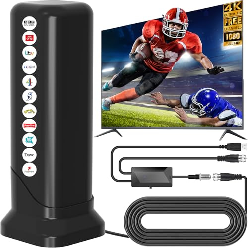 2026 Upgraded Indoor TV Aerial, Freeview TV Aerials Indoor with Strong Signal Booster, 560+ Miles Range Digital TV Aerial With Magnetic Base, Supports 4K 1080P VHF UHF DAB Radio for Smart & Old TVs