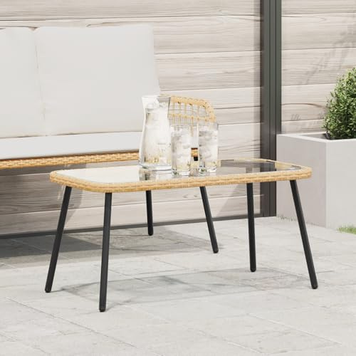 IBUQDDV Table basse en rotin synthétique avec plateau en verre - 90 x 45 x 42 cm - Marron - Résistant aux UV - Pour l'intérieur et l'extérieur - Table de salon moderne avec design naturel et surface