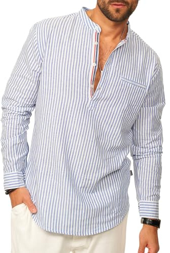behype. Herren Leinenhemd als Langarmhemd Gestreift - Freizeithemd im Regular-Fit mit Henley Stehkragen Sommerhemd - Strandhemd im Sommer-Look für Männer CR_8454-Blau-L