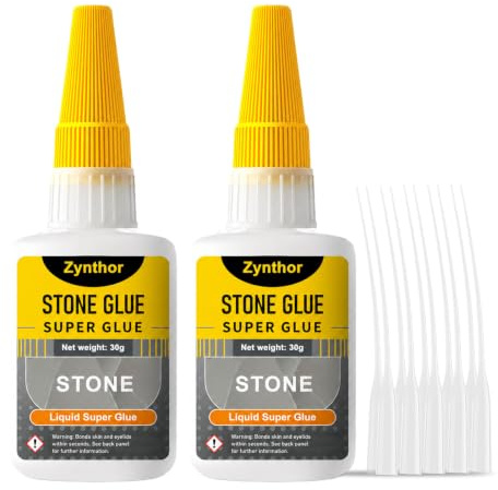 Zynthor Stone Glue 60g(2 x 30g), Extra Strong Super Glue for Stone | Clear Waterproof Adhesive with Anti-Clog Cap and 10 Precision Tips for Stone, Marble, Granite, Artificial Stone and Ceramic