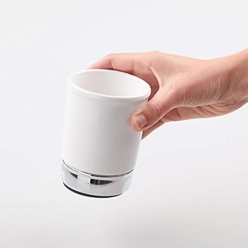 iDesign rangement salle de bain, petit porte brosse à dents en céramique et métal, gobelet salle de bain pour brosses à dents, pinceaux ou maquillage, blanc/argenté