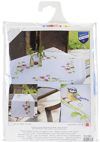 Vervaco Kreuzstich Stickpackungen Tischdecke Meise & Stiefmütterchen Stickdecken Vorgezeichnet Basteln Erwachsene Kreativ Set Vorgedruckte Decke Sticken 80 x 80 cm Stickset DIY Sticken