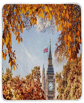 Use7 Home Decor Berühmte Big Ben Union Jack Herbstlaub-Decke, weiche warme Decken für Bett Couch Sofa, leicht, Reisen, Camping, 127 cm x 152,4 cm, Überwurfgröße für Kinder Jungen und Frauen