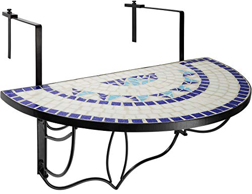 tectake® Balkonhängetisch Mosaik, halbkreisförmiges Design, Balkontisch klappbar, Massive Steinmosaik-Tischplatte, Balkontisch mit Metallhaken, Hängetisch für Terrasse und Balkon - blau/weiß