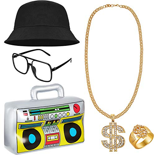 80er / 90er Jahre Hip Hop Kostüm Kit Cool Rapper Outfits – Aufblasbare Radio Boombox Eimer Hut Sonnenbrille Dollarzeichen Halskette und Ring
