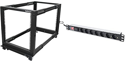 StarTech.com 4POSTRACK12U 4 Pfosten Open Frame Server Rack (12 HE, Schrank tiefenverstellbar) Schwarz & DIGITUS 19 Steckdosenleiste - 7 Abgriffe - 1HE - 250VAC - 50/60Hz - 16A - 4000W